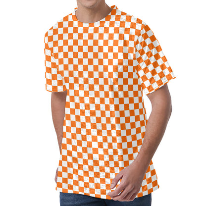 Orange And White Checkered Pattern Print Men's Velvet T-Shirt