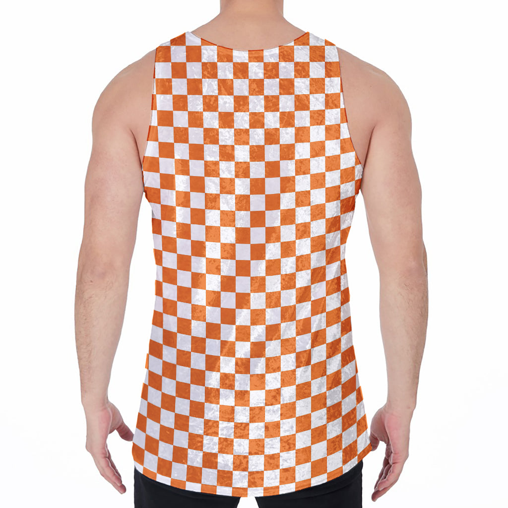 Orange And White Checkered Pattern Print Men's Velvet Tank Top