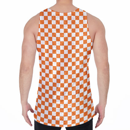 Orange And White Checkered Pattern Print Men's Velvet Tank Top