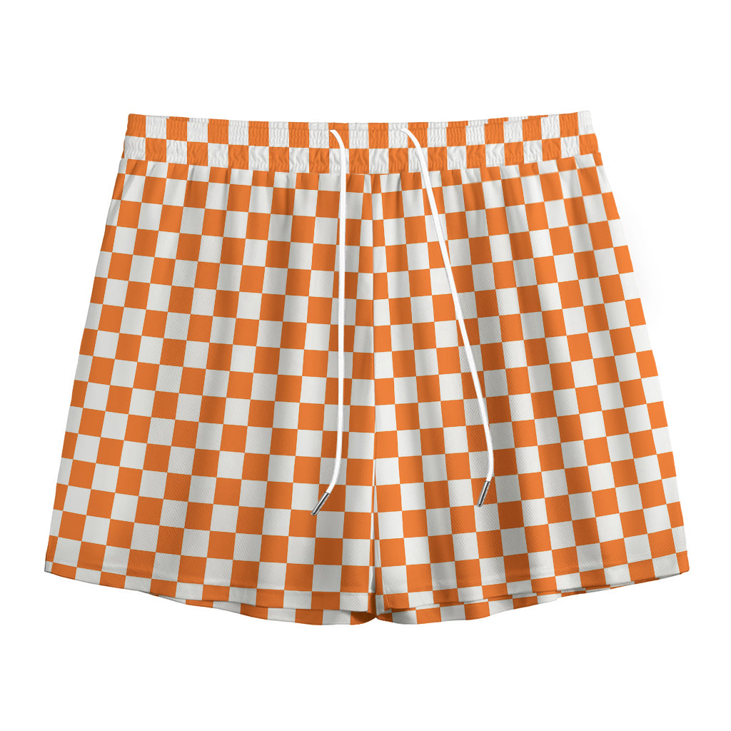 Orange And White Checkered Pattern Print Mesh Shorts