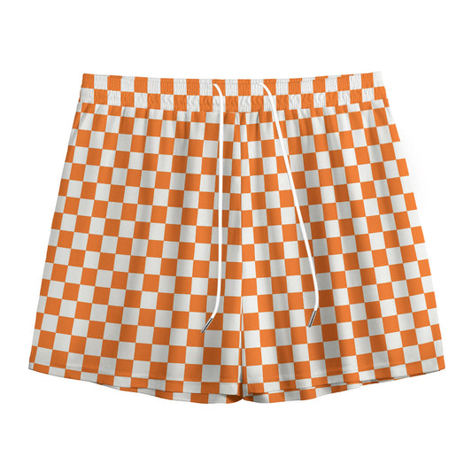 Orange And White Checkered Pattern Print Mesh Shorts