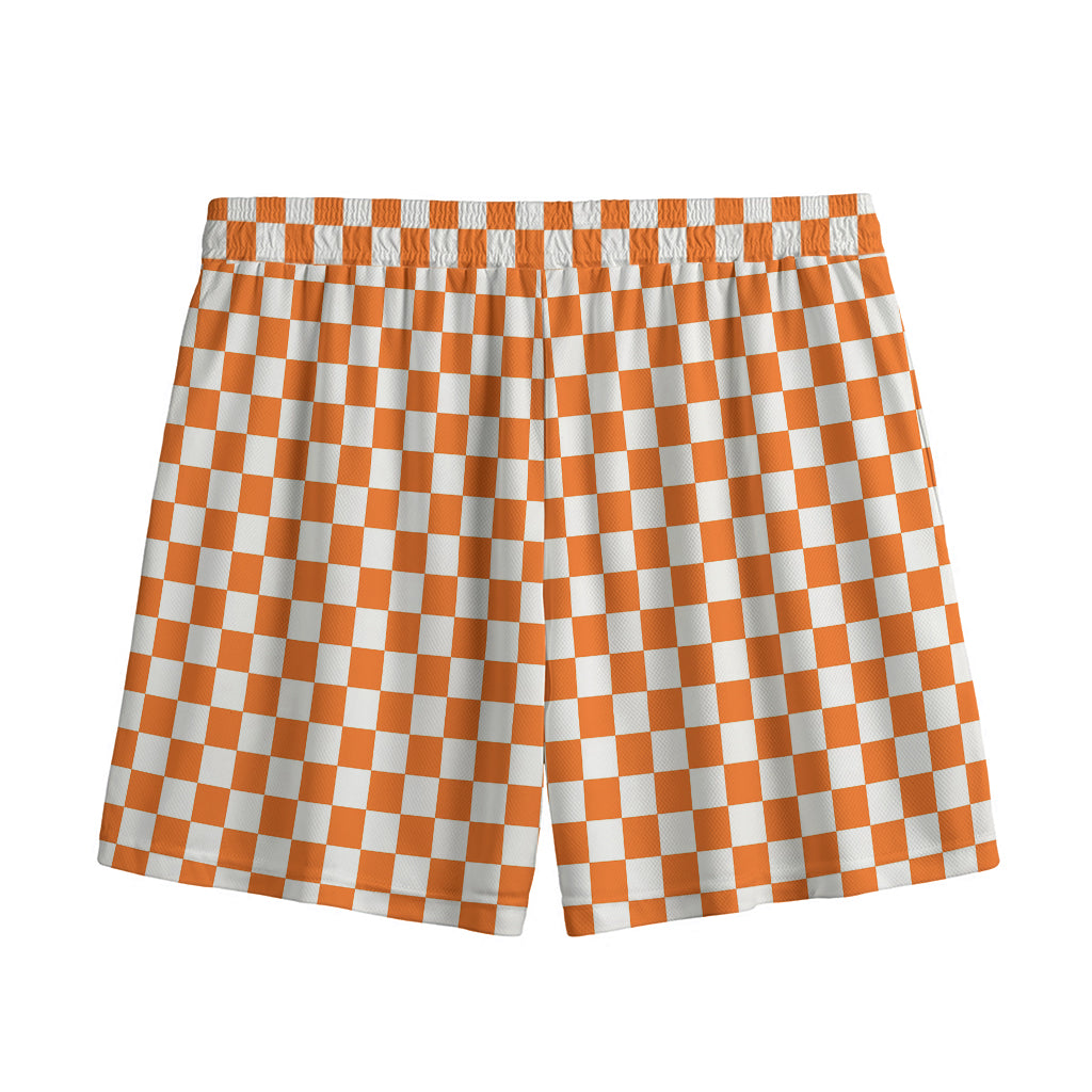 Orange And White Checkered Pattern Print Mesh Shorts