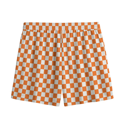 Orange And White Checkered Pattern Print Mesh Shorts