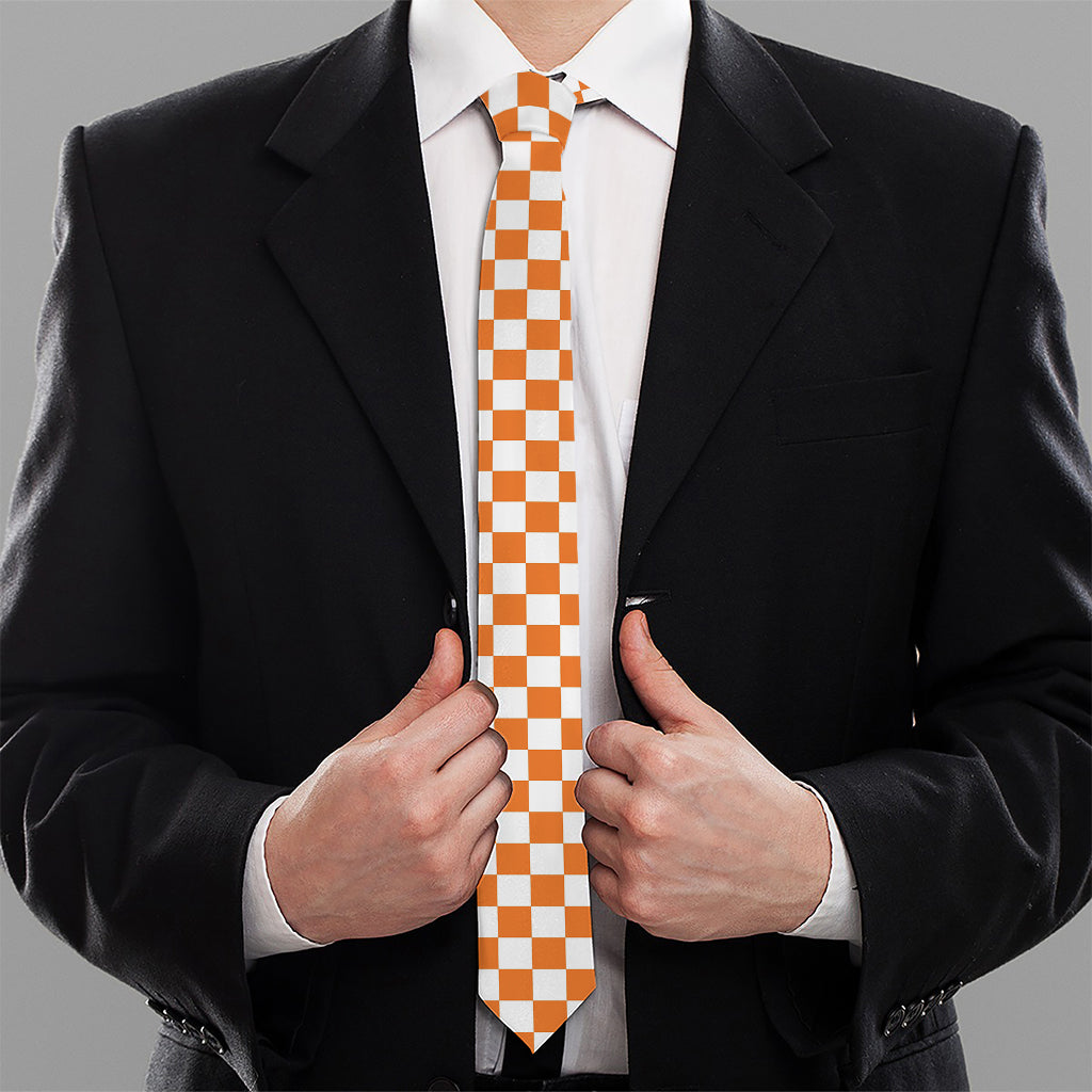 Orange And White Checkered Pattern Print Necktie