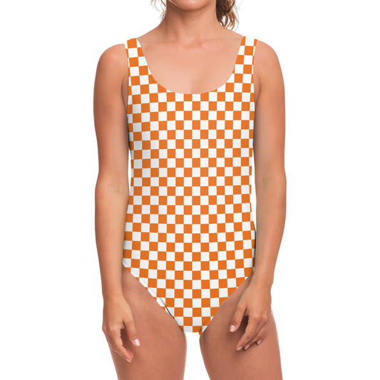 Orange And White Checkered Pattern Print One Piece Swimsuit