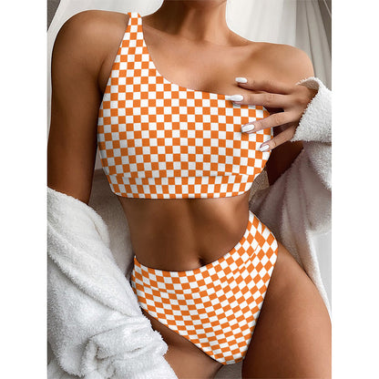 Orange And White Checkered Pattern Print One Shoulder Bikini Top