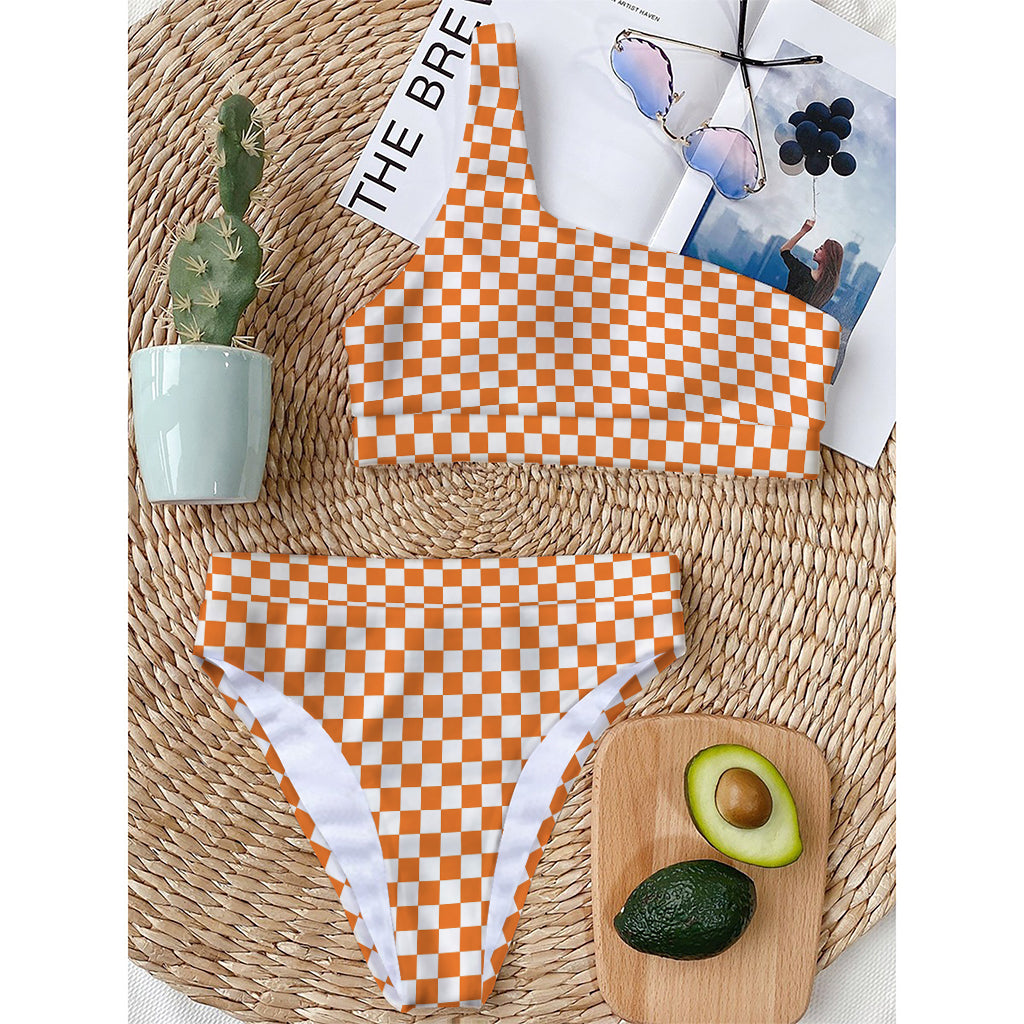 Orange And White Checkered Pattern Print One Shoulder Bikini Top