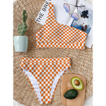 Orange And White Checkered Pattern Print One Shoulder Bikini Top