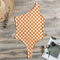 Orange And White Checkered Pattern Print One Shoulder Bodysuit