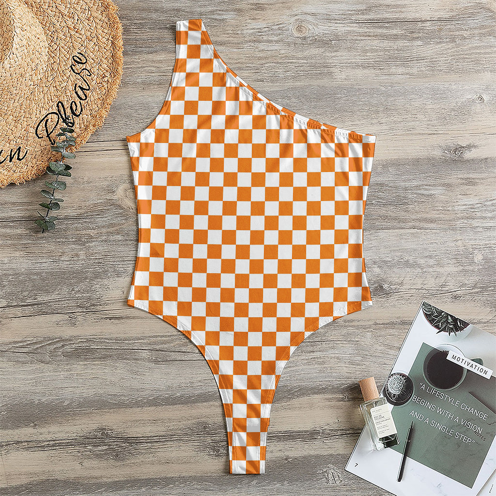 Orange And White Checkered Pattern Print One Shoulder Bodysuit