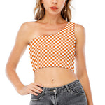 Orange And White Checkered Pattern Print One Shoulder Crop Top