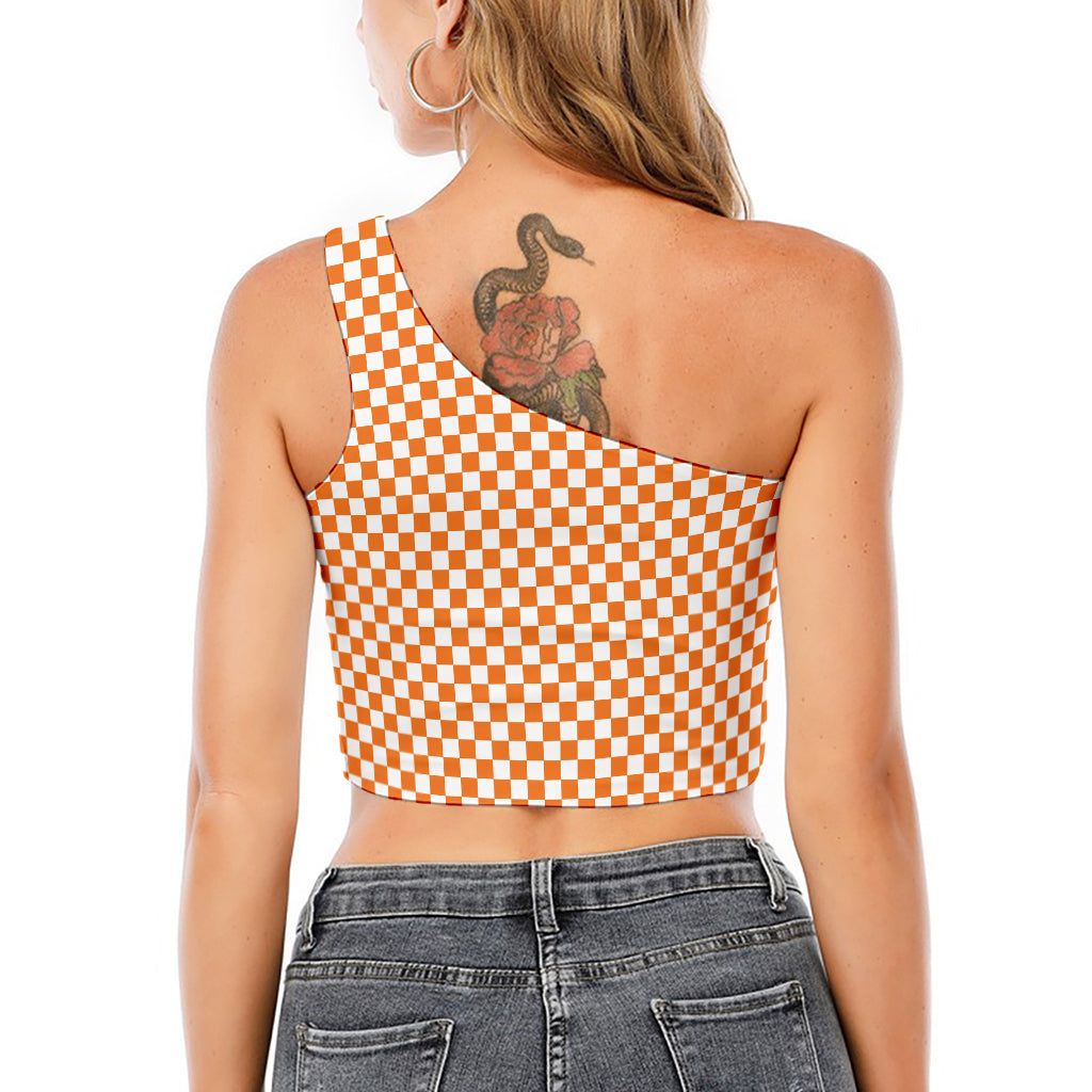 Orange And White Checkered Pattern Print One Shoulder Crop Top