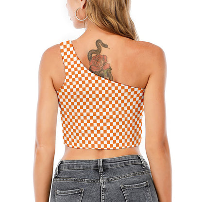 Orange And White Checkered Pattern Print One Shoulder Crop Top