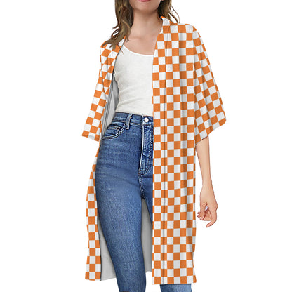 Orange And White Checkered Pattern Print Open Front Beach Cover Up