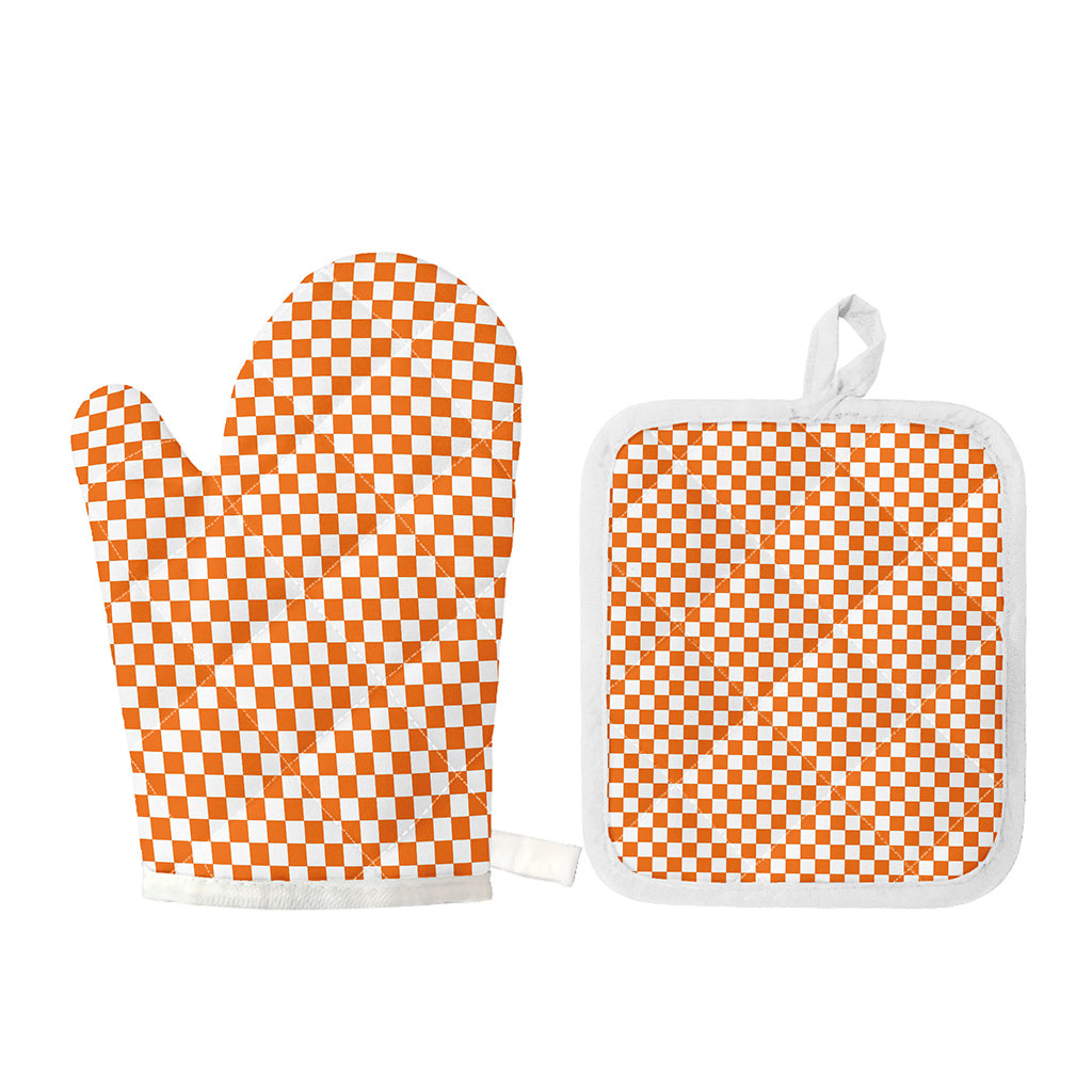 Orange And White Checkered Pattern Print Oven Mitt And Pot Holder Set