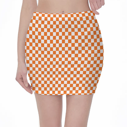 Orange And White Checkered Pattern Print Pencil Mini Skirt