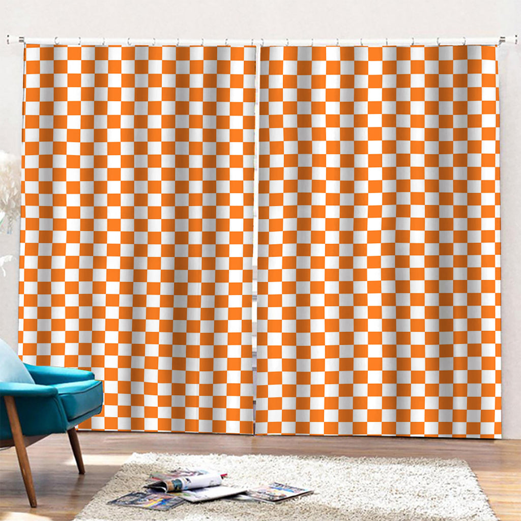 Orange And White Checkered Pattern Print Pencil Pleat Curtains