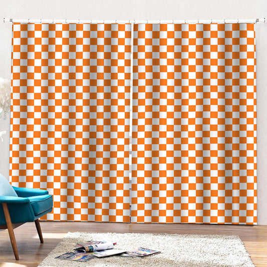 Orange And White Checkered Pattern Print Pencil Pleat Curtains