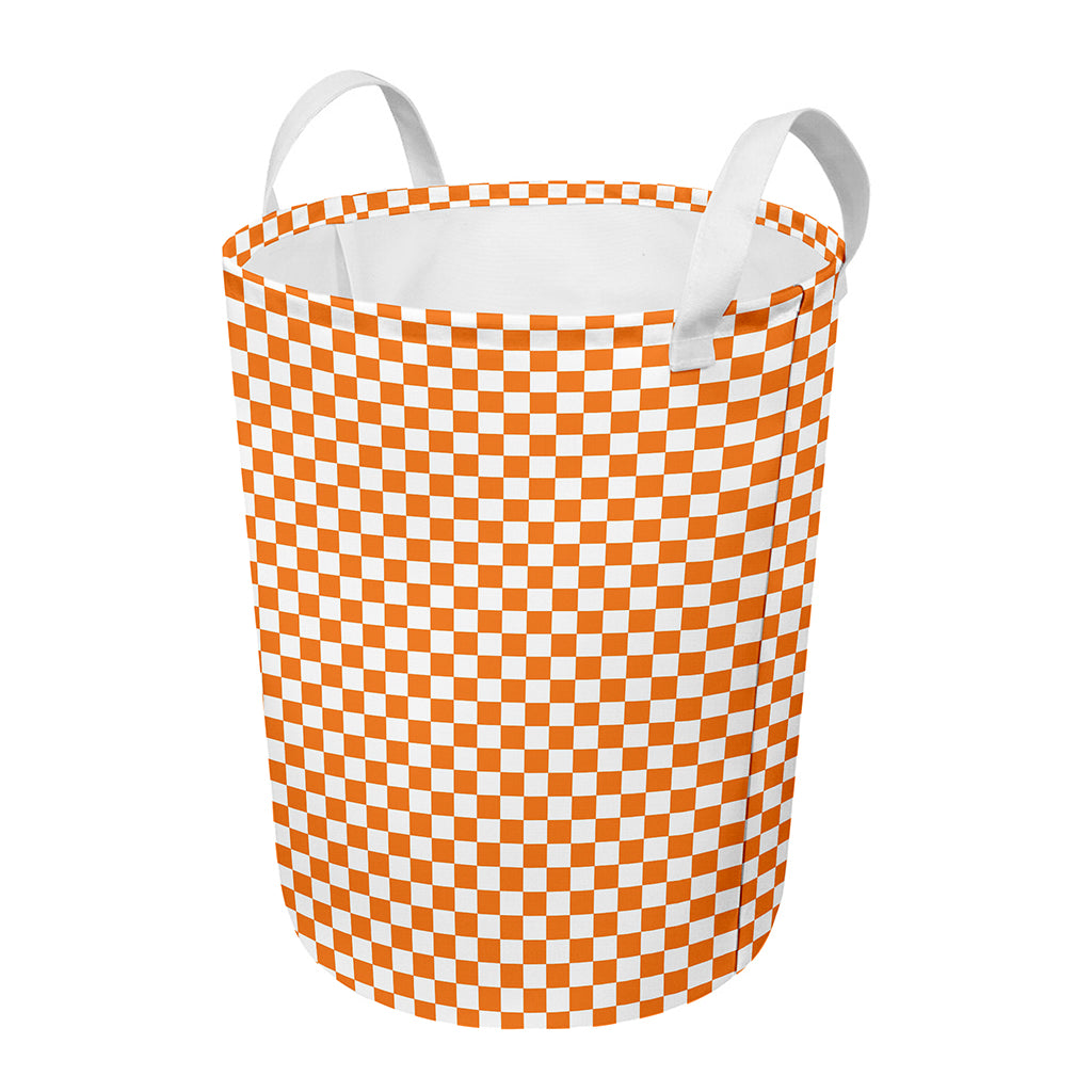Orange And White Checkered Pattern Print Round Laundry Basket