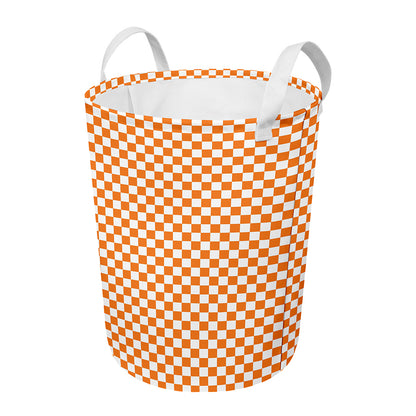 Orange And White Checkered Pattern Print Round Laundry Basket