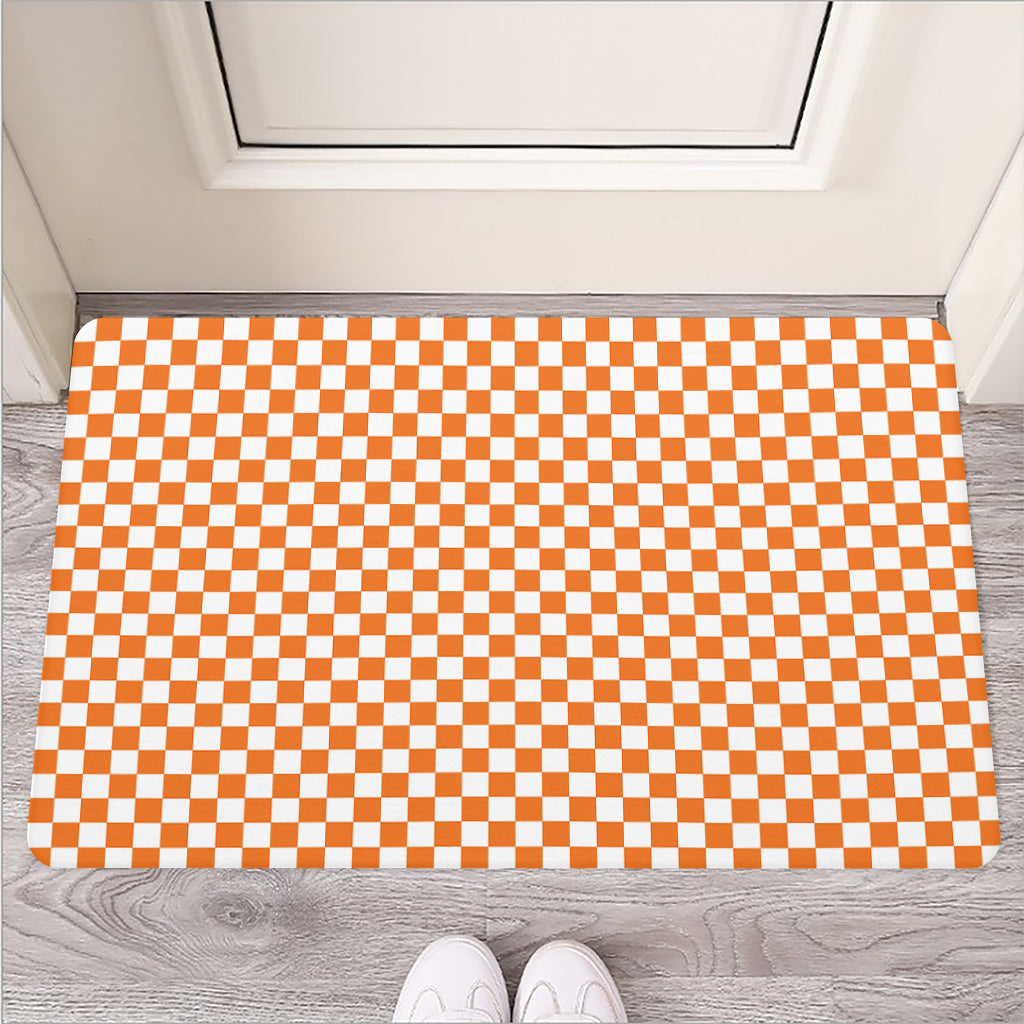 Orange And White Checkered Pattern Print Rubber Doormat