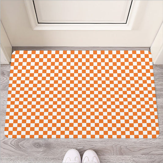 Orange And White Checkered Pattern Print Rubber Doormat