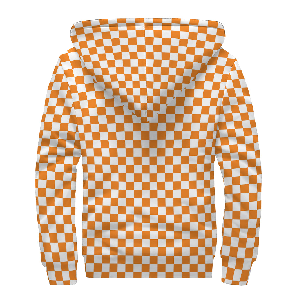 Orange And White Checkered Pattern Print Sherpa Lined Zip Up Hoodie
