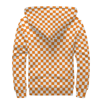 Orange And White Checkered Pattern Print Sherpa Lined Zip Up Hoodie