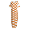 Orange And White Checkered Pattern Print Short Sleeve Long Nightdress