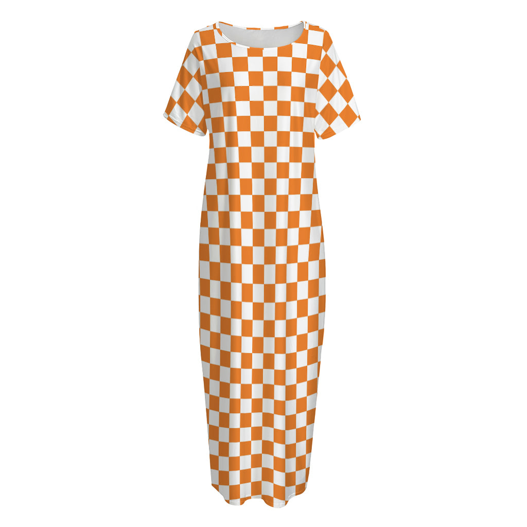 Orange And White Checkered Pattern Print Short Sleeve Long Nightdress
