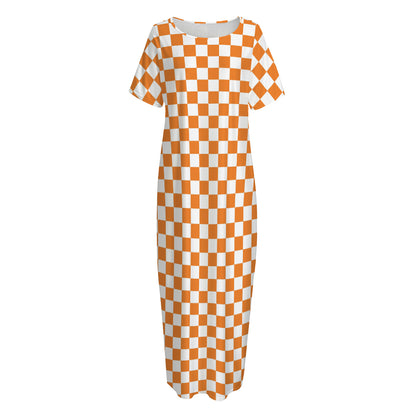 Orange And White Checkered Pattern Print Short Sleeve Long Nightdress