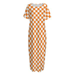 Orange And White Checkered Pattern Print Short Sleeve Long Nightdress