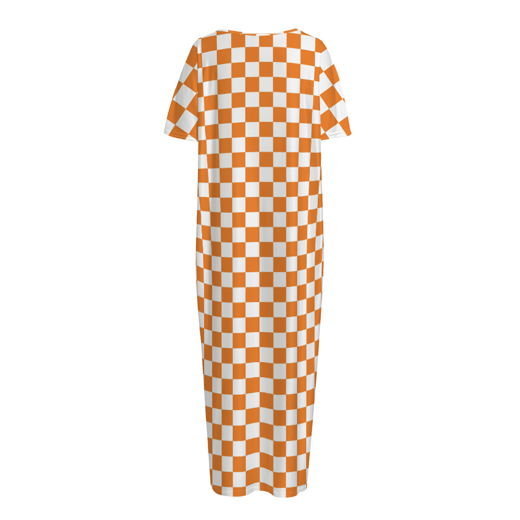 Orange And White Checkered Pattern Print Short Sleeve Long Nightdress
