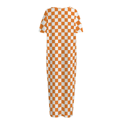Orange And White Checkered Pattern Print Short Sleeve Long Nightdress