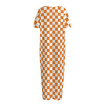 Orange And White Checkered Pattern Print Short Sleeve Long Nightdress