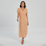Orange And White Checkered Pattern Print Short Sleeve Maxi Dress