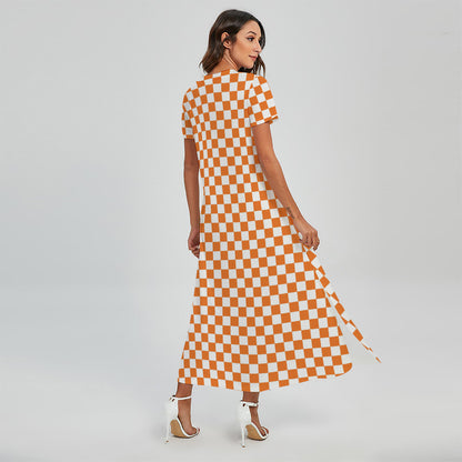 Orange And White Checkered Pattern Print Short Sleeve Maxi Dress