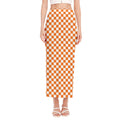 Orange And White Checkered Pattern Print Side Slit Maxi Skirt