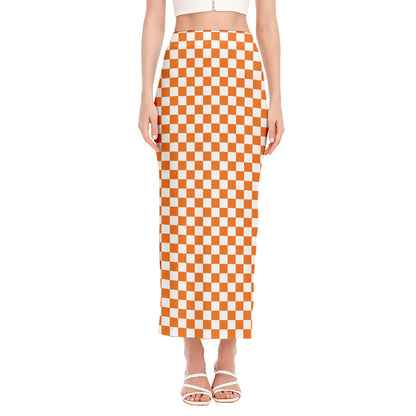 Orange And White Checkered Pattern Print Side Slit Maxi Skirt