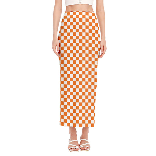 Orange And White Checkered Pattern Print Side Slit Maxi Skirt
