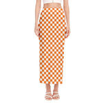 Orange And White Checkered Pattern Print Side Slit Maxi Skirt