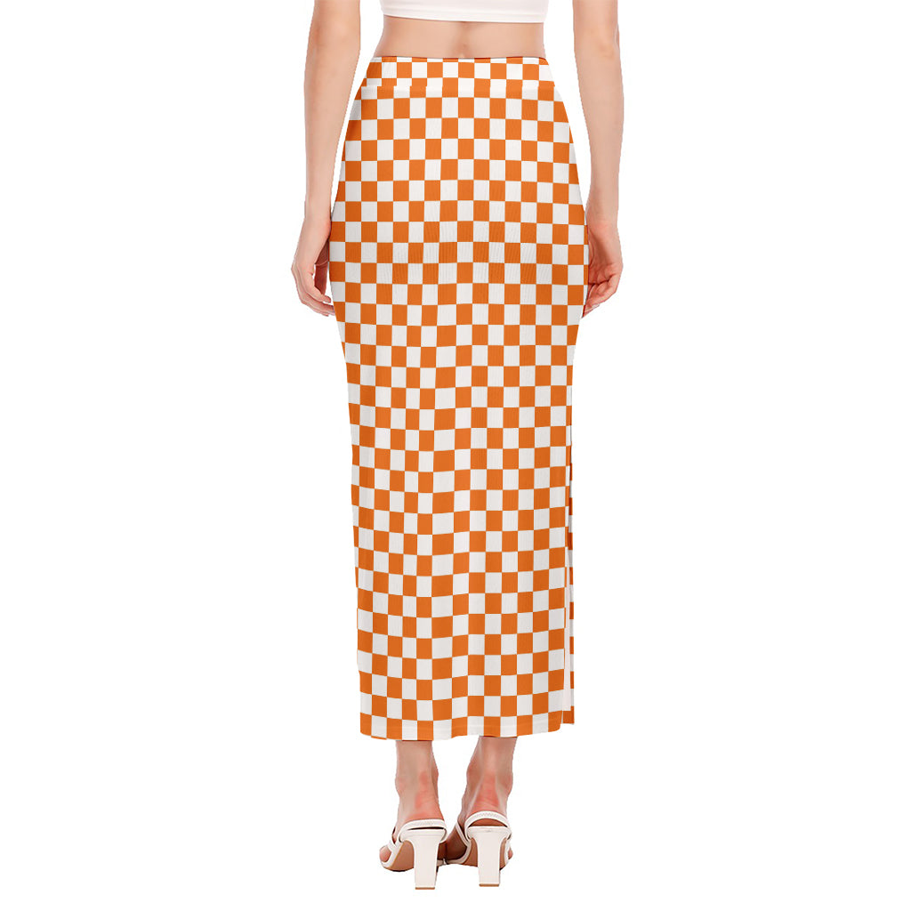 Orange And White Checkered Pattern Print Side Slit Maxi Skirt