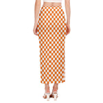 Orange And White Checkered Pattern Print Side Slit Maxi Skirt
