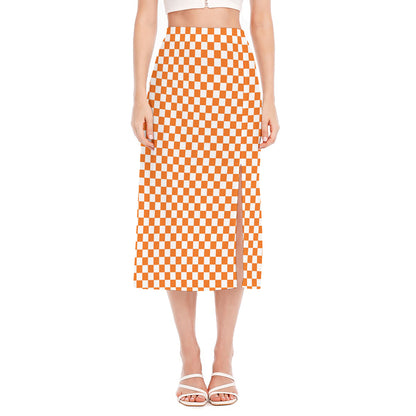 Orange And White Checkered Pattern Print Side Slit Midi Skirt