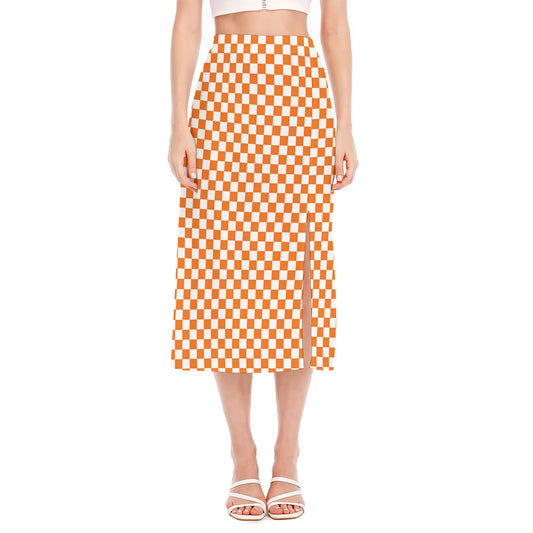 Orange And White Checkered Pattern Print Side Slit Midi Skirt