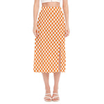 Orange And White Checkered Pattern Print Side Slit Midi Skirt