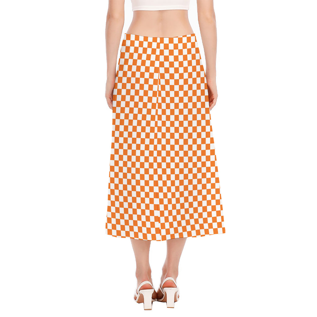 Orange And White Checkered Pattern Print Side Slit Midi Skirt