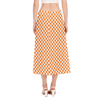 Orange And White Checkered Pattern Print Side Slit Midi Skirt