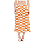 Orange And White Checkered Pattern Print Side Slit Midi Skirt