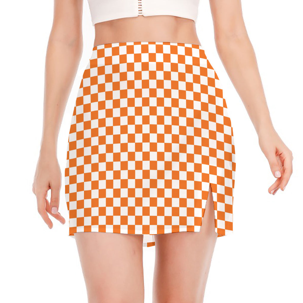Orange And White Checkered Pattern Print Side Slit Mini Skirt